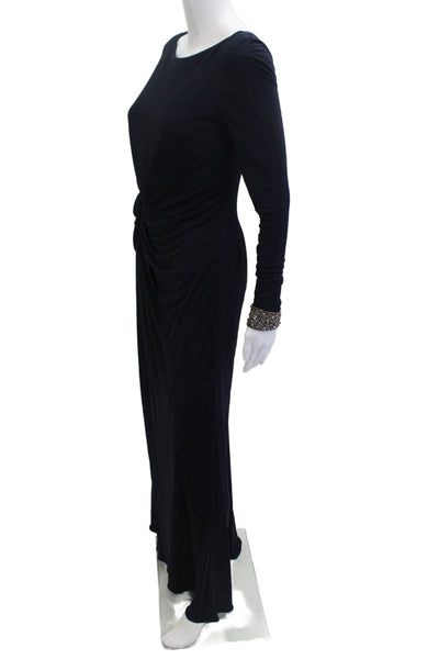 David Meister Women Dark Blue Silk Maxi Sheath Dress Long Sleeve Zip Size 4