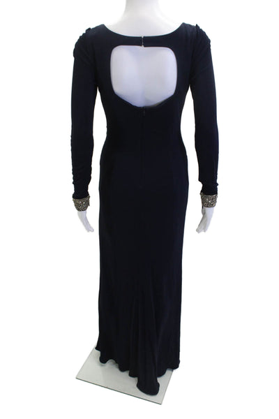 David Meister Women Dark Blue Silk Maxi Sheath Dress Long Sleeve Zip Size 4
