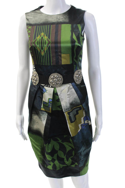 Etro Women Sheath Dress Black Sleeveless Crew Neck Zip Geometric Size 38