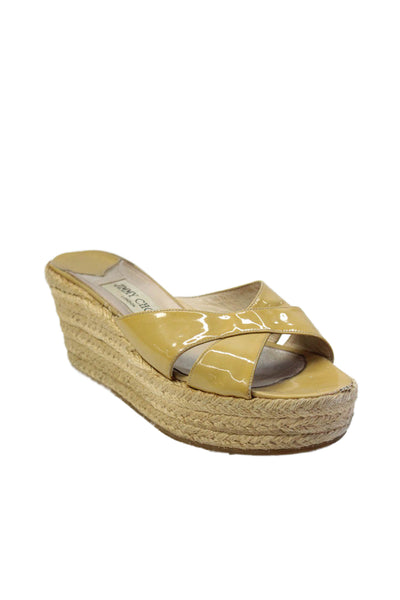 Jimmy Choo Womens Patent Leather Espadrille Detail Platform Heels Beige Size 8