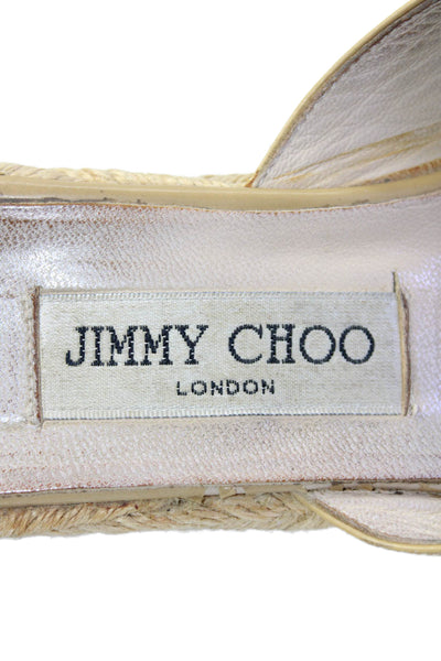 Jimmy Choo Womens Patent Leather Espadrille Detail Platform Heels Beige Size 8