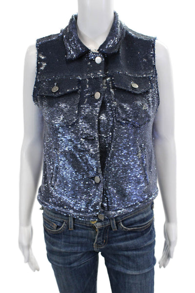 IRO Women Dark Blue Sleeveless Collared Button Designer Vest Size 1