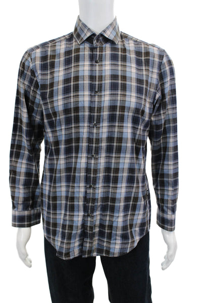 Boss Hugo Boss Mens Checkered Print Collared Button-Down Shirt Blue Size M