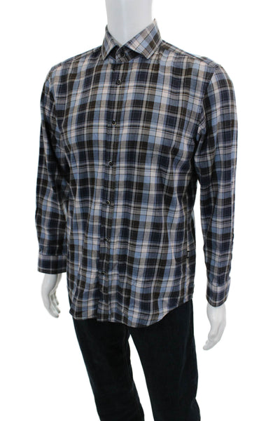 Boss Hugo Boss Mens Checkered Print Collared Button-Down Shirt Blue Size M