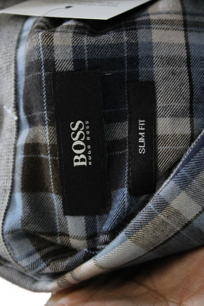 Boss Hugo Boss Mens Checkered Print Collared Button-Down Shirt Blue Size M
