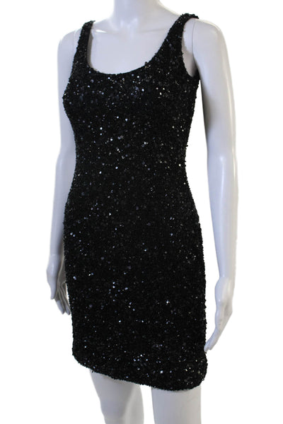 Theia Womens Bodycon Mini Dress Black Sequin Round Neck Sleeveless Size 0