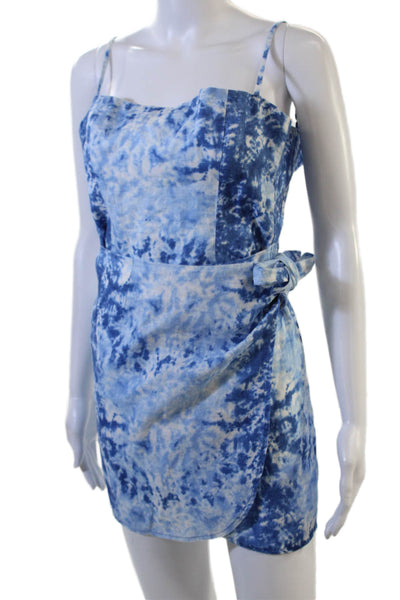Reformation Womens Mini Sundress Blue Linen Square Neck Tie Size 0