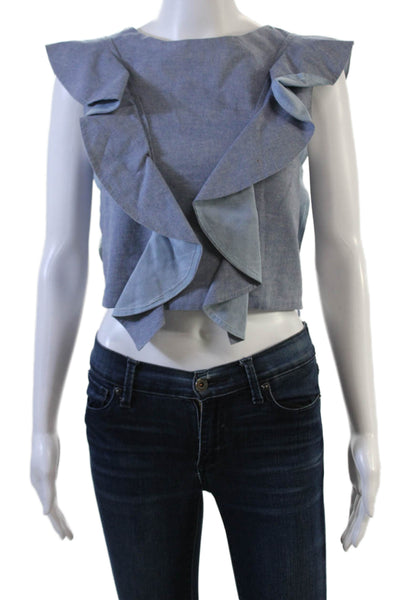 Viva Aviva Womens Cropped Sleeveless Blue Blouse Crewneck Silk Ruffle Size PP