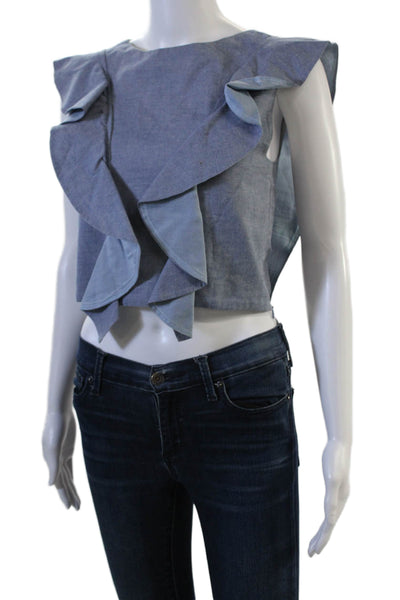 Viva Aviva Womens Cropped Sleeveless Blue Blouse Crewneck Silk Ruffle Size PP