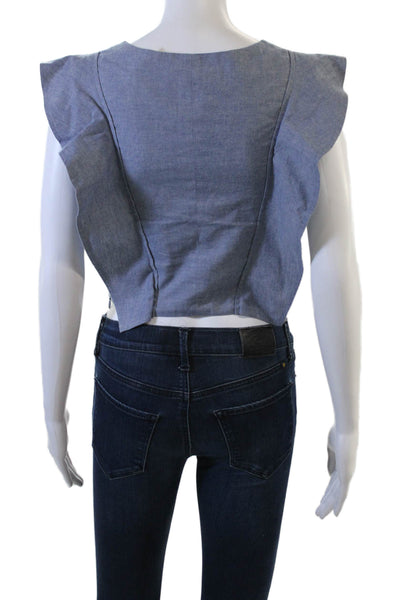 Viva Aviva Womens Cropped Sleeveless Blue Blouse Crewneck Silk Ruffle Size PP