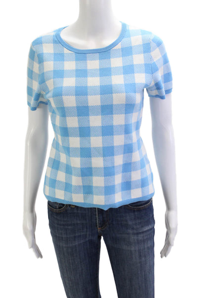 Draper James Womens Light Blue Check Short Sleeve Crew Neck T-Shirt Size S