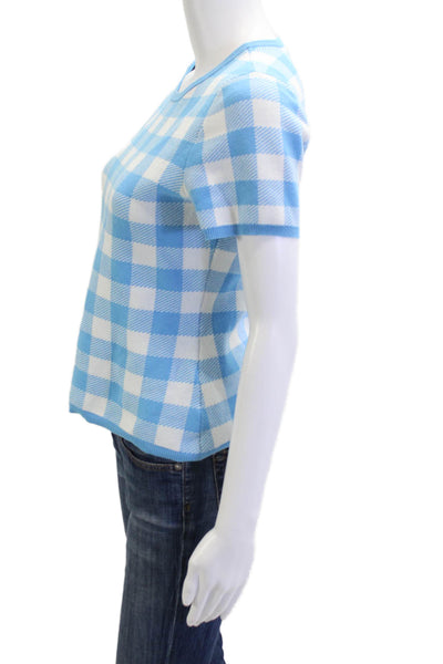 Draper James Womens Light Blue Check Short Sleeve Crew Neck T-Shirt Size S