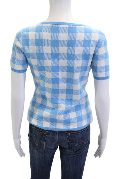Draper James Womens Light Blue Check Short Sleeve Crew Neck T-Shirt Size S