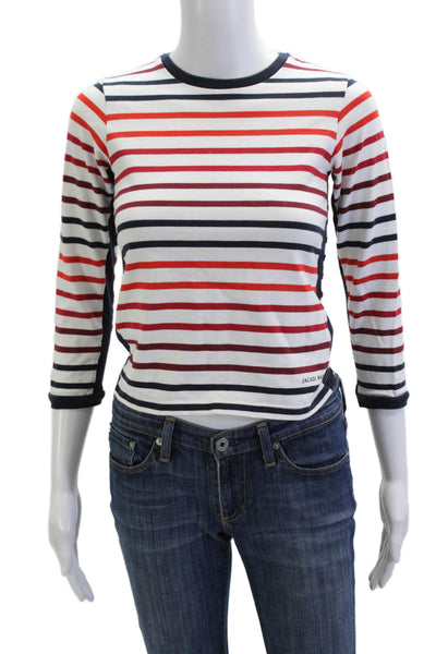 Jacadi Girls Striped Crew Neck Long Sleeve Top White Red Blue Size M