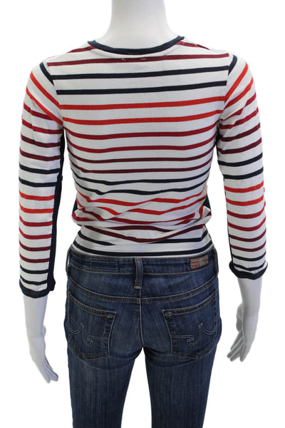 Jacadi Girls Striped Crew Neck Long Sleeve Top White Red Blue Size M
