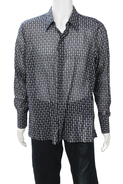 Ascot Chang Mens Button Front Collared Sheer Geometric Shirt Navy White Large