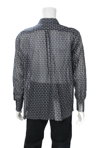 Ascot Chang Mens Button Front Collared Sheer Geometric Shirt Navy White Large
