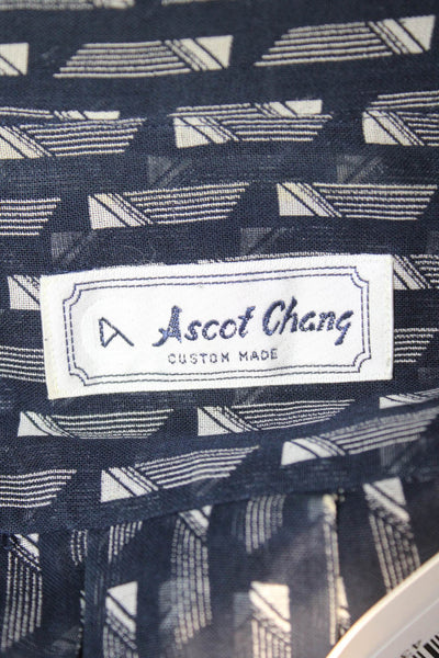 Ascot Chang Mens Button Front Collared Sheer Geometric Shirt Navy White Large