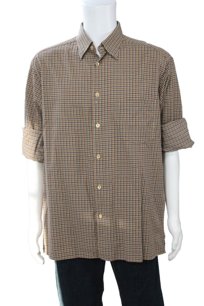 Ermenegildo Zegna Mens Button Front Collared Plaid Shirt Brown Navy Size XL