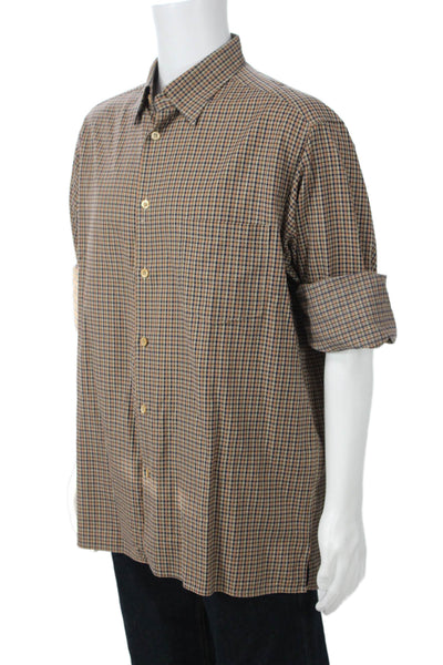 Ermenegildo Zegna Mens Button Front Collared Plaid Shirt Brown Navy Size XL