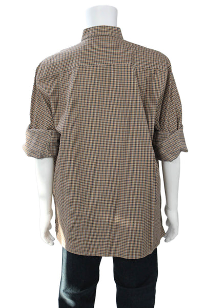 Ermenegildo Zegna Mens Button Front Collared Plaid Shirt Brown Navy Size XL