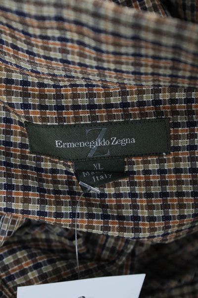 Ermenegildo Zegna Mens Button Front Collared Plaid Shirt Brown Navy Size XL