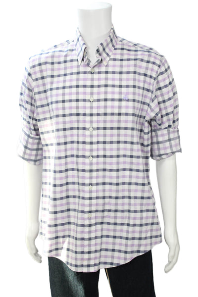 Brooks Brothers Mens Button Front Collared Plaid Regent Shirt White Purple Large