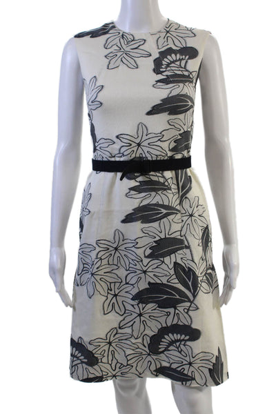 Akris Punto Womens Sheath Dress Beige Floral Sleeveless Crew Neck Tie Size 4