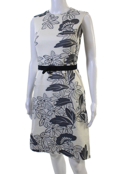 Akris Punto Womens Sheath Dress Beige Floral Sleeveless Crew Neck Tie Size 4