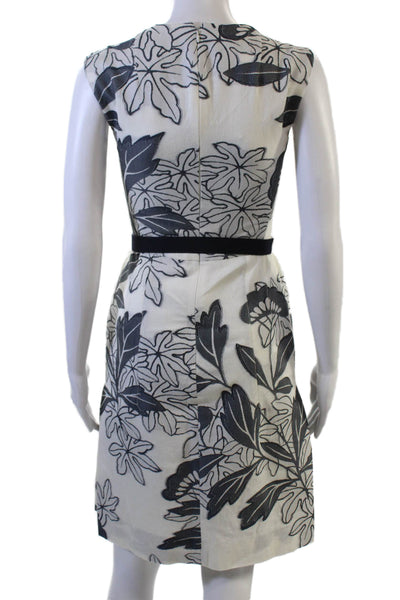 Akris Punto Womens Sheath Dress Beige Floral Sleeveless Crew Neck Tie Size 4