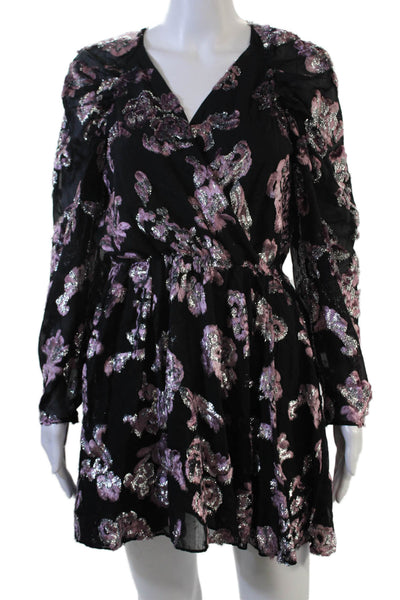 Tanya Taylor Womens Black Floral Mini Wrap Dress V-Neck Long Sleeve Size 2