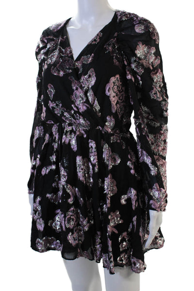 Tanya Taylor Womens Black Floral Mini Wrap Dress V-Neck Long Sleeve Size 2