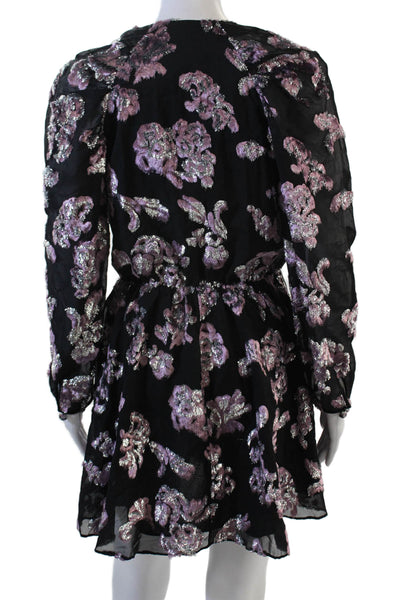 Tanya Taylor Womens Black Floral Mini Wrap Dress V-Neck Long Sleeve Size 2
