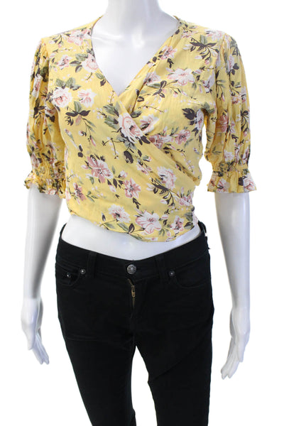 Faithfull The Brand Women Cropped Floral V-Neck Blouse Yellow 3/4 Sleeve Size 4