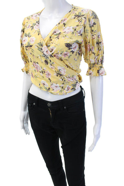 Faithfull The Brand Women Cropped Floral V-Neck Blouse Yellow 3/4 Sleeve Size 4