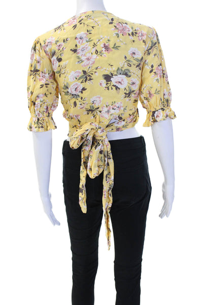 Faithfull The Brand Women Cropped Floral V-Neck Blouse Yellow 3/4 Sleeve Size 4