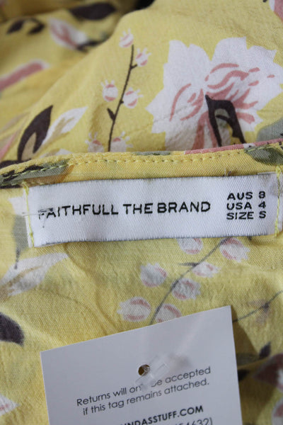 Faithfull The Brand Women Cropped Floral V-Neck Blouse Yellow 3/4 Sleeve Size 4