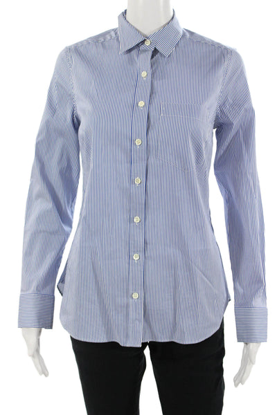J Crew Womens Striped Blue Collared Buttonup Long Sleeve Cotton Top Size 2
