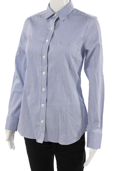 J Crew Womens Striped Blue Collared Buttonup Long Sleeve Cotton Top Size 2