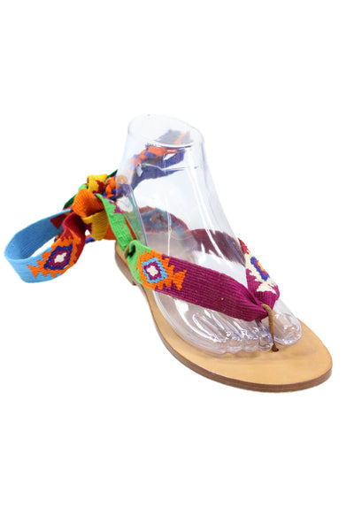 Nupie Women's T-Straps Ankle Wrap Leather Sole Flat Sandals Multicolor Size 39