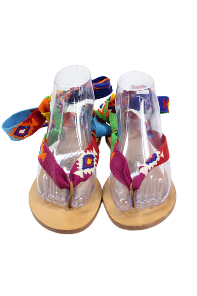 Nupie Women's T-Straps Ankle Wrap Leather Sole Flat Sandals Multicolor Size 39