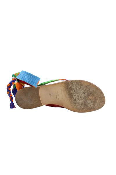 Nupie Women's T-Straps Ankle Wrap Leather Sole Flat Sandals Multicolor Size 39