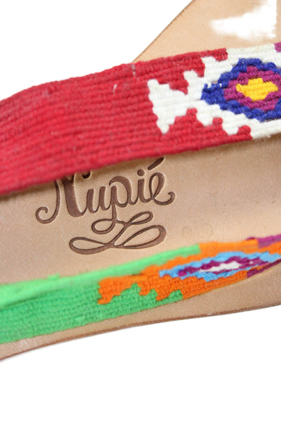 Nupie Women's T-Straps Ankle Wrap Leather Sole Flat Sandals Multicolor Size 39