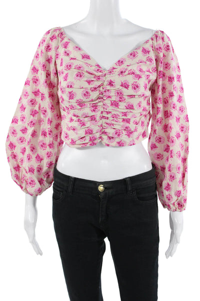 Zara Women Cropped Floral Cotton V-Neck Long Sleeve Blouse Beige Size M
