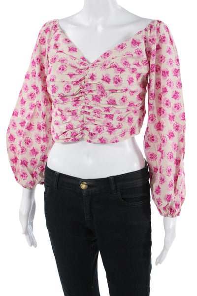 Zara Women Cropped Floral Cotton V-Neck Long Sleeve Blouse Beige Size M