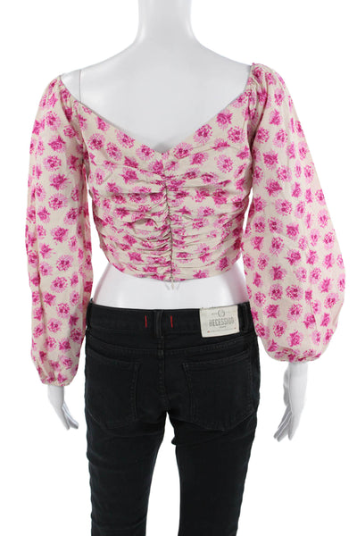 Zara Women Cropped Floral Cotton V-Neck Long Sleeve Blouse Beige Size M