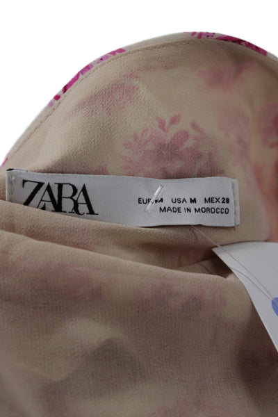 Zara Women Cropped Floral Cotton V-Neck Long Sleeve Blouse Beige Size M