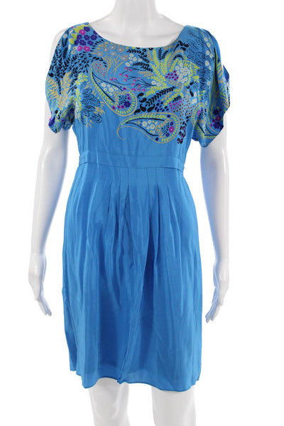 Tibi Women Shift Dress Blue Silk Paisley Short Sleeve Size 2