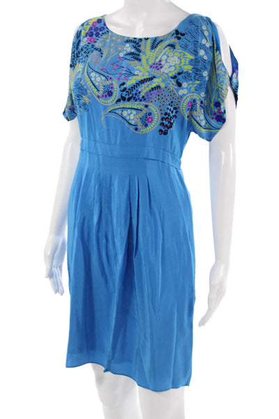 Tibi Women Shift Dress Blue Silk Paisley Short Sleeve Size 2