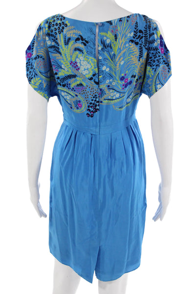 Tibi Women Shift Dress Blue Silk Paisley Short Sleeve Size 2